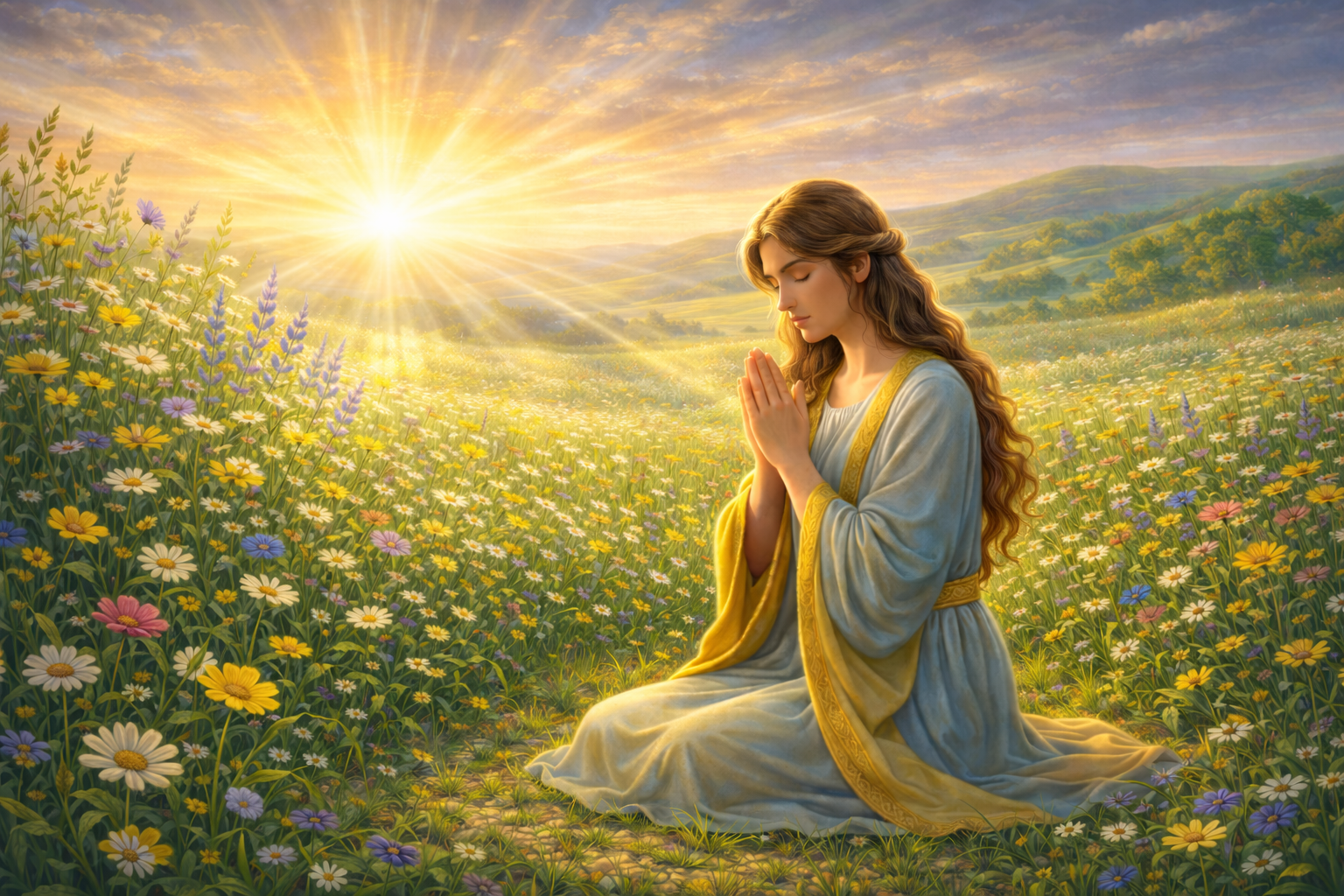Mulher orando em campo de flores